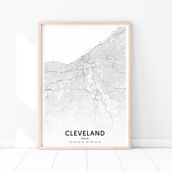 Cleveland Map Print, Ohio USA Map Art Poster, City Street Road Map Print, Black & White, Modern Wall Art, Home Office Decor, Printable Art