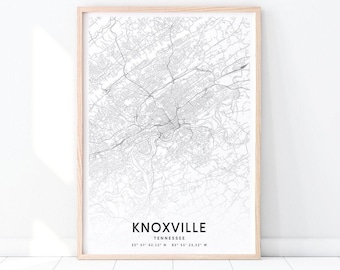 Stampa mappa di Knoxville, Knoxville Tennessee Mappa Art Poster, City Street Road Map Print, Bianco & bianco, Moderno, Arredamento ufficio, Stampabile Wall Art