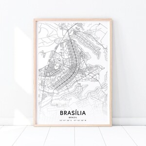 Impressão do mapa de Brasília, pôster de arte do mapa de Brasília Brasil, impressão de mapa de estradas da cidade, arte de parede moderna em preto e branco, decoração de escritório, arte para impressão