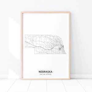 Nebraska Map Print, State Road Map Print, Nebraska NE États-Unis Carte Art Poster, Moderne, Minimaliste, Décor de bureau, Art Mural imprimable