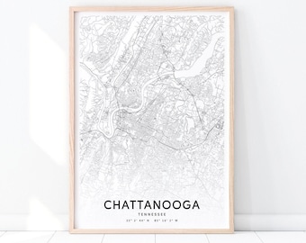 Chattanooga Map Print, Tennessee Map Art Poster, City Street Road Map Print, Black & White Modern Wall Art, Home Office Decor, Printable Art