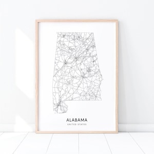 Alabama Map Print, State Road Map Print, AL USA United States Map Art Poster, Modern Wall Art, Black & White, Office Decor, Printable Art