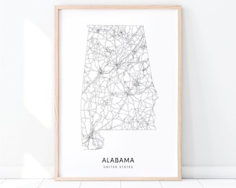 Alabama Map Print, State Road Map Print, AL USA United States Map Art Poster, Modern Wall Art, Black & White, Office Decor, Printable Art