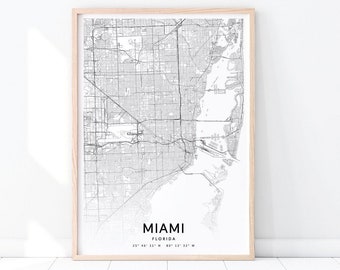 Miami Map Print, Miami Florida USA Map Art Poster, City Street Road Map Print, Modern Minimalist Wall Art, Home Office Decor, Printable Art