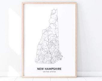 New Hampshire Map Print, State Road Map Art, New Hampshire USA United States Map Art Poster, Modern Wall Art, Office Decor, Printable Art