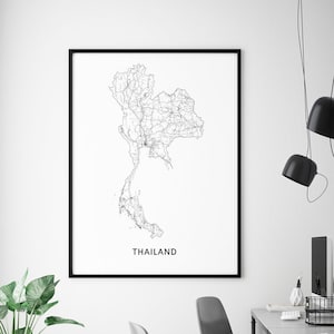Thailand kaart print, Thailand kaart kunst, Thailand routekaart poster, landkaarten zwart & wit, moderne kunst aan de muur, kantoor decor, afdrukbare kunst