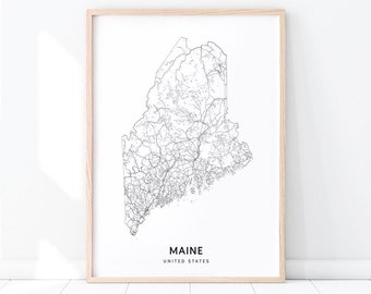 Maine Map Print, State Road Map Print, ME USA United States Map Art Poster, Modern Wall Art, Kids Room Art, Home Office Decor, Printable Art