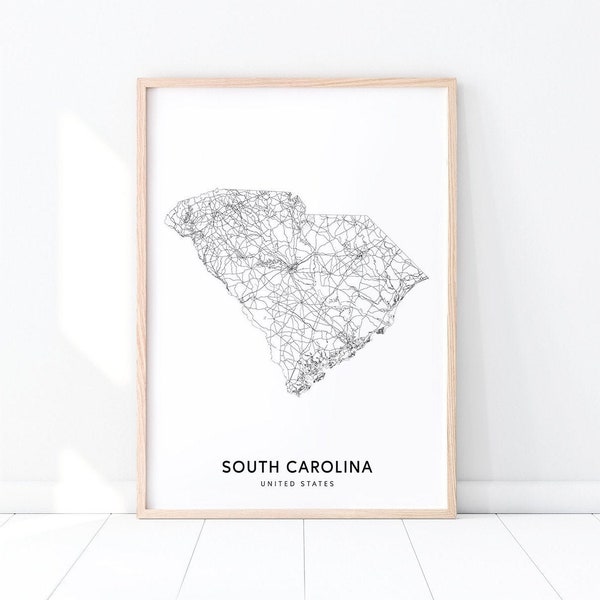 South Carolina Map Print, State Road Map Art, South Carolina USA United States Map Art Poster, Modern Wall Art, Office Decor, Printable Art