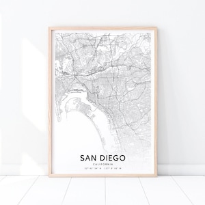 サンディエゴの地図プリント、カリフォルニア州アメリカ地図アートポスター、市街道路地図プリント、白黒、モダンな壁アート、オフィスの装飾、印刷可能なアート