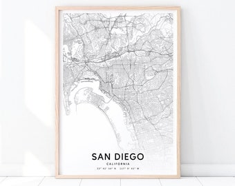 San Diego Karte Druck, Kalifornien USA Karte Kunst Poster, Stadt Straße Karte Druck, schwarz & weiß, moderne Wandkunst, Büro Dekor, druckbare Kunst