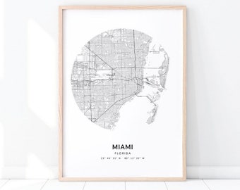 Miami Map Print, Miami Florida USA Map Art Poster, City Street Road Map Print, Modern Minimalist Wall Art, Home Office Decor, Printable Art