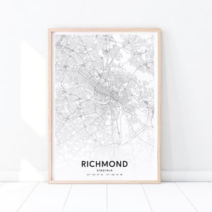 Impressão de mapa de Richmond, pôster de arte de mapa de Richmond Virginia, impressão de mapa de estradas de ruas da cidade, minimalista moderno, decoração de escritório doméstico, arte de parede para impressão