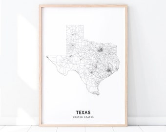 Texas Map Print, State Road Map Print, Texas TX USA United States Map Art Poster, Modern Wall Art, Office Decor, Kids Room Printable Art