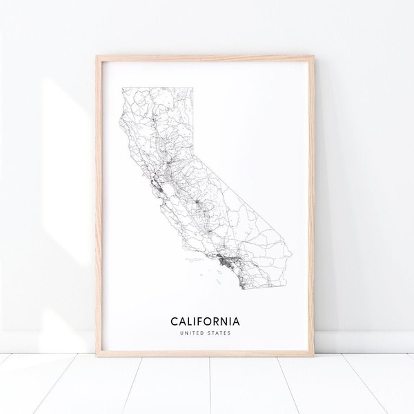 Impression de carte de la Californie, impression de la carte routière de l’État, Californie CA États-Unis Affiche d’art cartographique, décor de bureau à domicile moderne, art mural imprimable