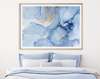 Abstract Print, Abstract Art Poster, Ink Painting Print, Marble Wall Decor, Contemporary Art, Blue Gold, Wall Art, Home Decor, Printable Art