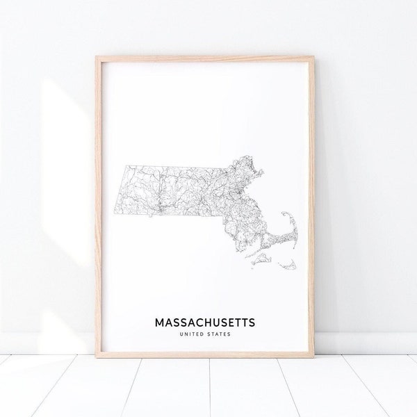 Massachusetts Map Print, State Road Map Print, Massachusetts MA USA United States Map Art Poster, Modern, Office Decor, Printable Wall Art