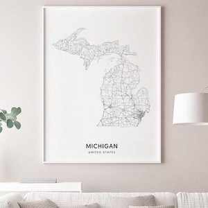 Michigan Map Print, State Road Map Print, MI USA United States Map Art Poster, Nursery Room Wall Office Decor, Printable Map