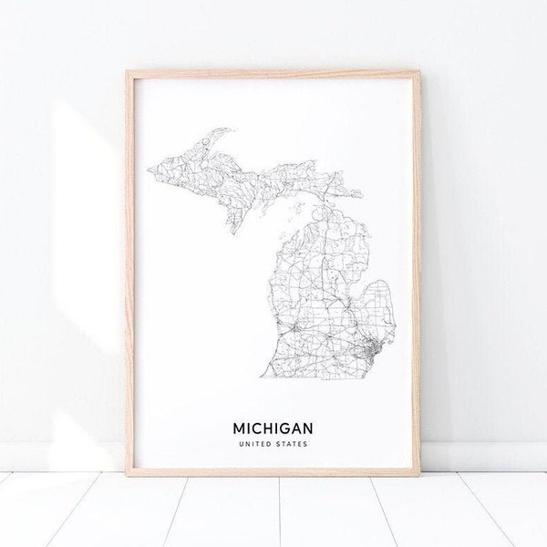 Michigan Map Print, State Road Map Print, Michigan MI USA États-Unis Affiche d’art cartographique, Minimaliste moderne, Décor de bureau, Art mural imprimable