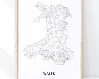 Mapa de Gales para imprimir, póster artístico del mapa de Gales (Reino Unido), mapa de Gran Bretaña (Gran Bretaña), blanco y negro, arte mural moderno, minimalista, decoración para el hogar y la oficina (arte imprimible)