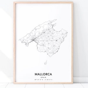 Mapa de Mallorca impreso, póster artístico de mapa de calles de Mallorca, Mallorca España en blanco y negro, arte mural moderno, minimalista, decoración para el hogar y la oficina, arte imprimible