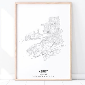 Kerry Karte Print, County Kerry Irland Karte, Landkarte Kunst Poster, schwarz weiß, minimalistische, moderne Wandkunst, Haus Büro Dekor druckbare Kunst