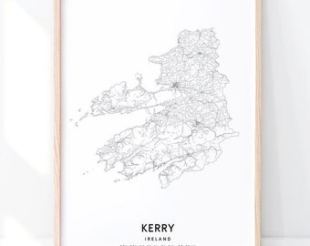 Kerry Map Print, County Kerry Ireland Map, Country Map Art Poster, Black White, Minimalist, Modern Wall Art, Home Office Decor Printable Art