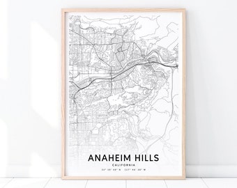 Anaheim Hills Map Print, California USA Map Art Poster, City Street Road Map Print, Black White, Modern Wall Art, Office Decor Printable Art