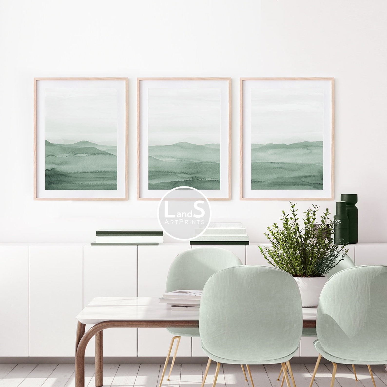 Sage Green Wall Art Set of 3 Abstract Prints Watercolor Art Etsy