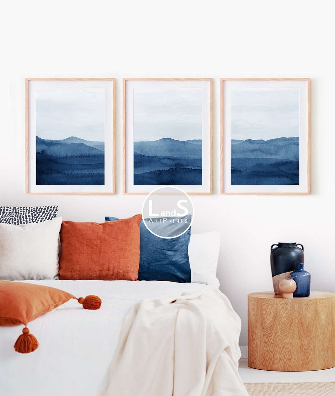 Set of 3 Abstract Prints, Watercolor Print, Navy Blue Wall Art ...