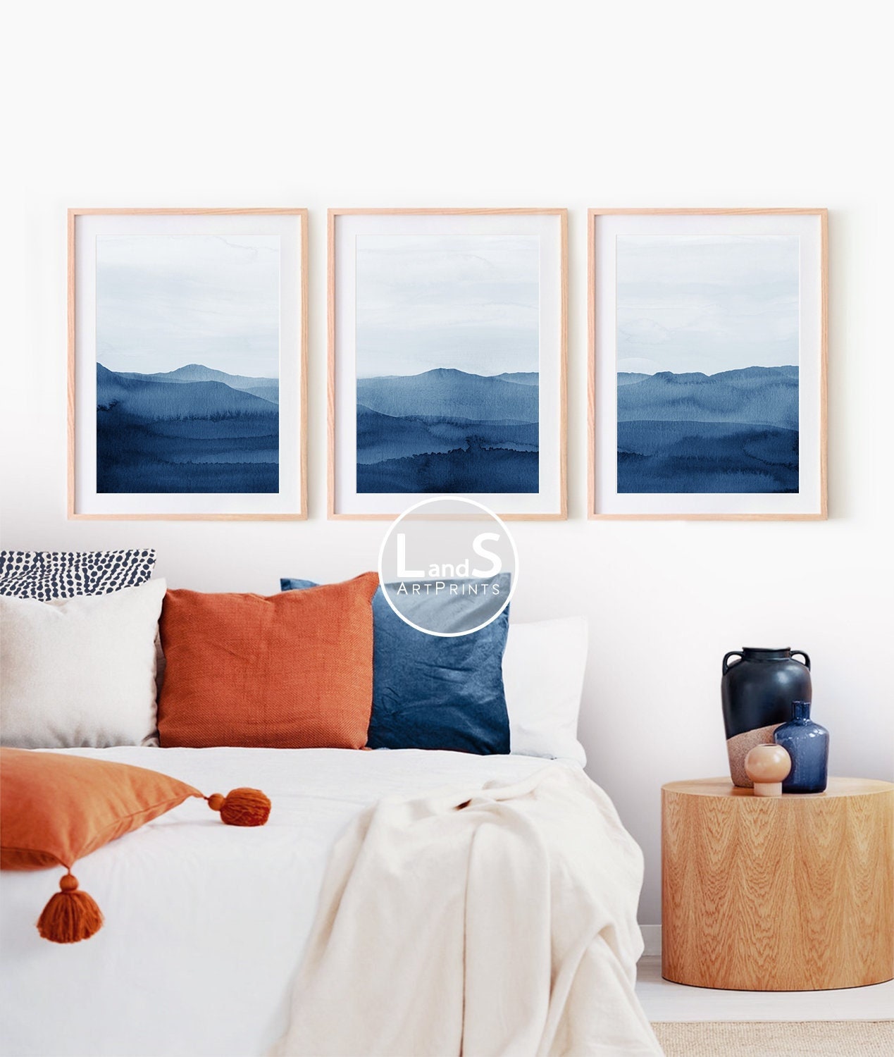 Set of 3 Abstract Prints, Watercolor Print, Navy Blue Wall Art ...