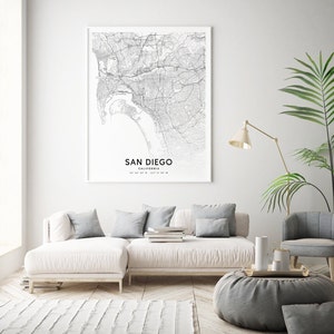 San Diego Map Print, California USA Map Art Poster, City Street Road Map Print, Black & White, Modern Wall Art, Office Decor, Printable Art image 2