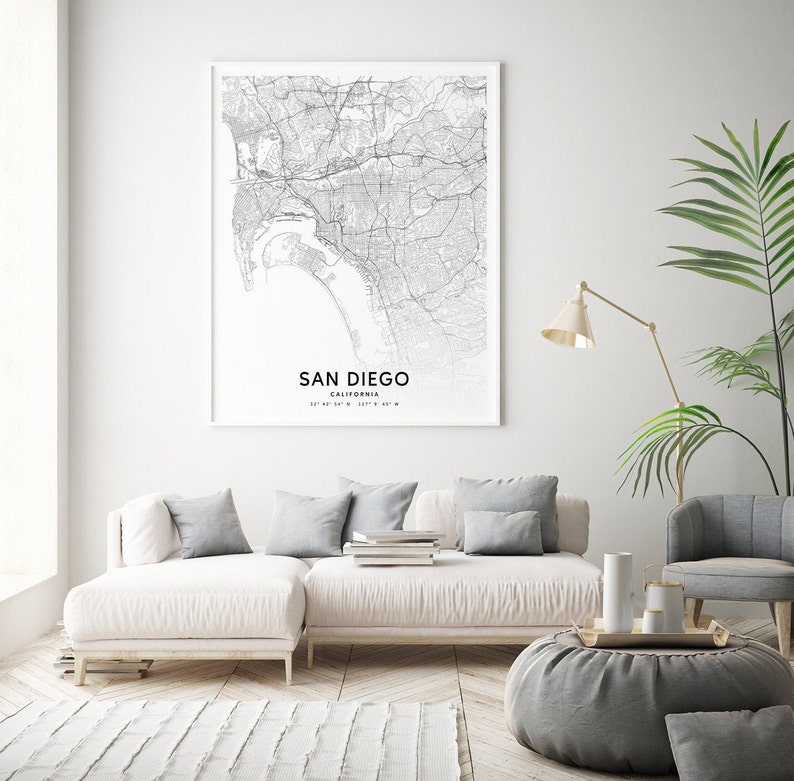 San Diego Map Print, California USA Map Art Poster, City Street Road Map Print, Black & White, Modern Wall Art, Office Decor, Printable Art image 2