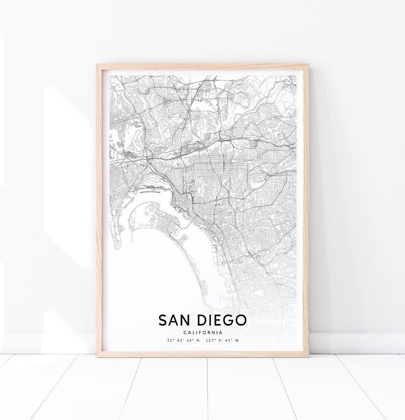 San Diego Map Print, California USA Map Art Poster, City Street Road Map Print, Black & White, Modern Wall Art, Office Decor, Printable Art image 1