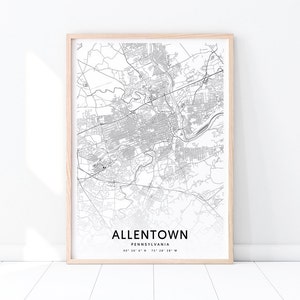 Allentown Map Print, Pennsylvania USA Map Art Poster, City Street Road Map Print, Modern Wall Art, Gift, Home Office Decor, Printable Art