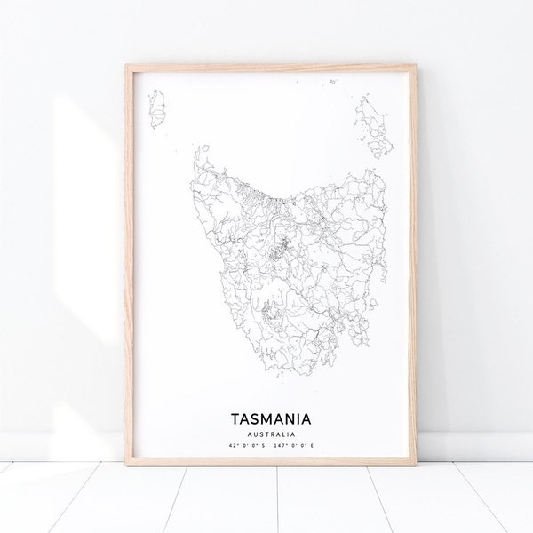 Tasmania Map Print, Australia Map Wall Art, Tasmania Island Map Poster, Black & White, Modern Minimalist, Home Office Decor, Printable Art