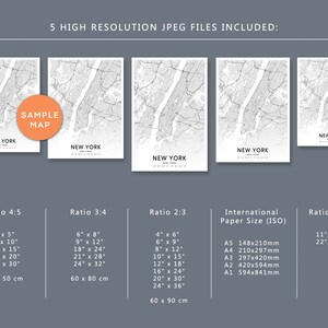 May include: Five high-resolution JPEG files of a New York City map are included in this digital download. The map is available in five different aspect ratios: 4:5, 3:4, 2:3, 11:14, and international paper sizes (ISO).