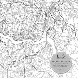 May include: A black and white detailed map of a city with a river running through it. The map includes roads, streets, waterways, railroads, bridges, and paths. The map is labeled "Super Detailed" and "Printable Art".