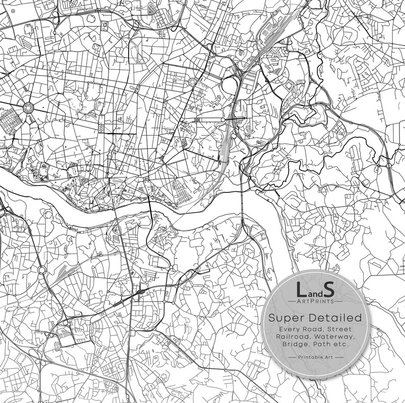 May include: A black and white detailed map of a city with a river running through it. The map includes roads, streets, waterways, railroads, bridges, and paths. The map is labeled "Super Detailed" and "Printable Art".