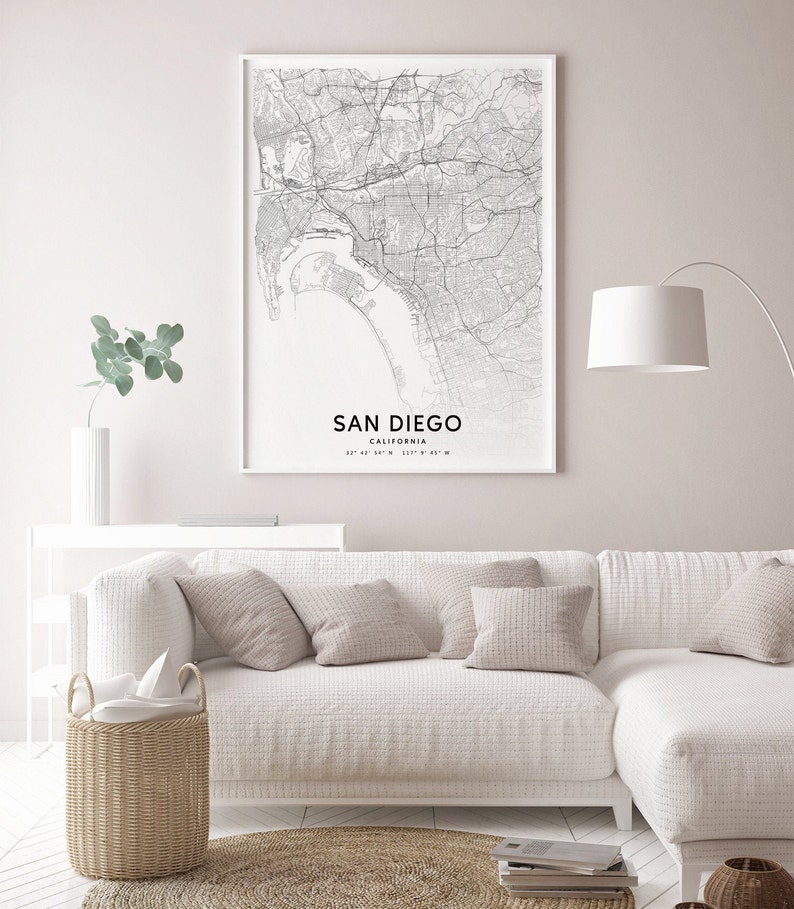 San Diego Map Print, California USA Map Art Poster, City Street Road Map Print, Black & White, Modern Wall Art, Office Decor, Printable Art image 4