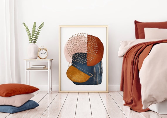 Terracotta and Navy Blue Contemporary Abstract Print, Shapes