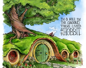Fantastyczna rycina przedstawiająca norę hobbita Tolkiena.