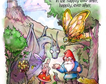 Fantasy art print with a fairy, gnome and dragon.