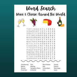 Wine & Cheese Word Search Printable Wine Games Travel Theme Around the World Theme Zoom Birthday Party Bachelorette Party image 1