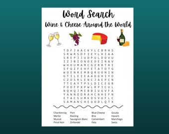 Wine & Cheese Word Search Printable | Wine Games | Travel Theme | Around the World Theme | Zoom Birthday Party | Bachelorette Party