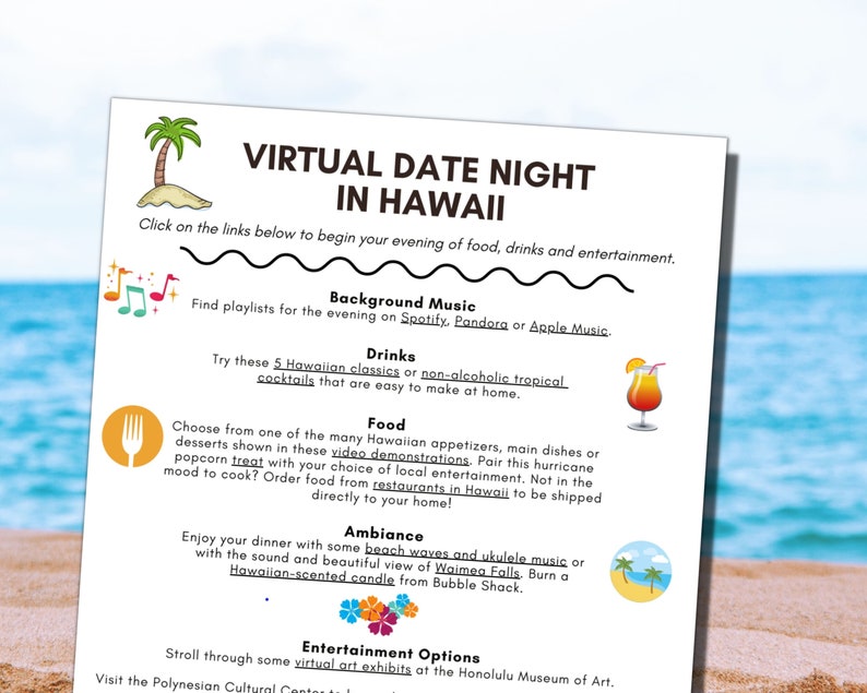 Virtual Date Night in Hawaii Digital Download Anniversary Gift Valentine's Day Gift Long-distance relationship Date Night In image 1