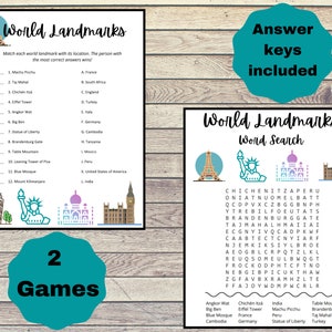 World Landmarks Printable Bundle | Word Search | Matching Game | Around the World Theme | Zoom Birthday Party | Shower Games | Travel Games