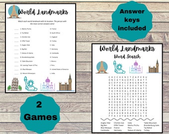 World Landmarks Printable Bundle | Word Search | Matching Game | Around the World Theme | Zoom Birthday Party | Shower Games | Travel Games