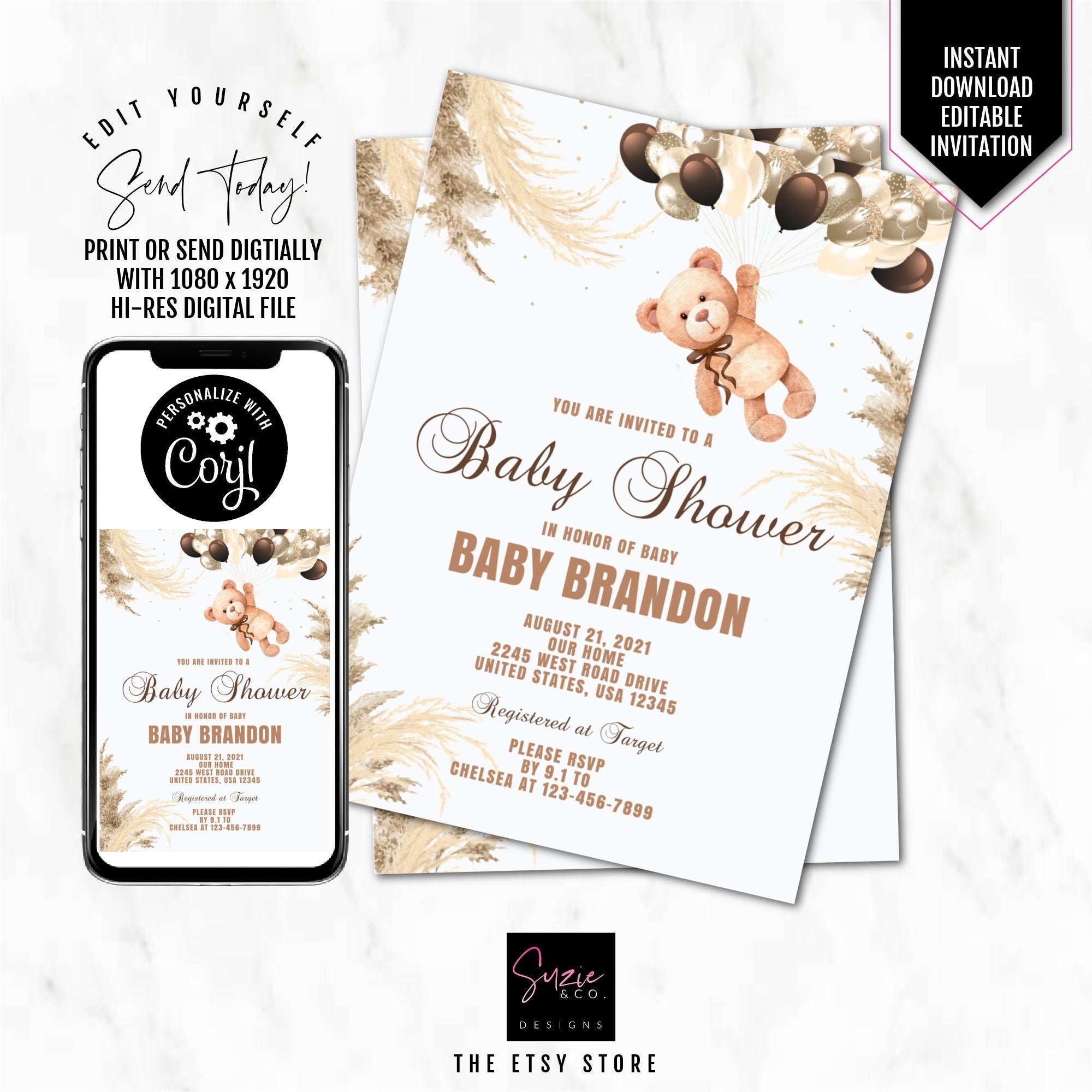 EDITABLE Boho Teddy Bear Digital Invitation INSTANT DOWNLOAD Etsy