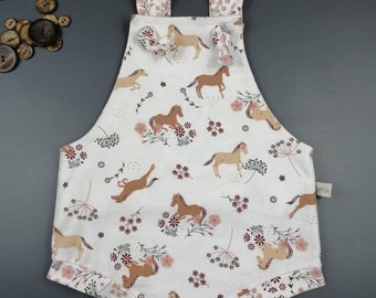 Short dungarees horse motif with straps to tie, for babies & children, different sizes, jersey