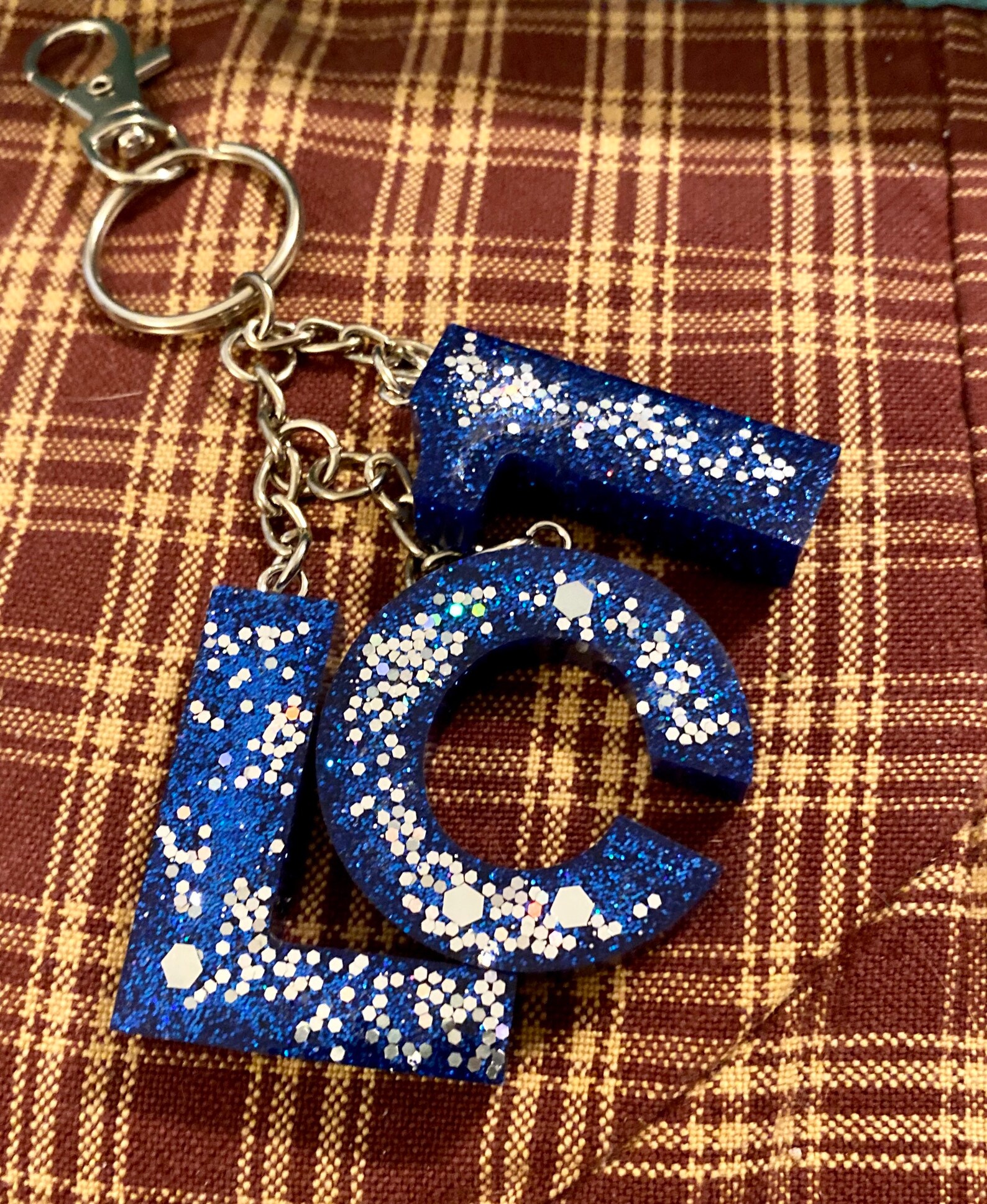 Epoxy alphabet/numeric glitter keychain. Etsy
